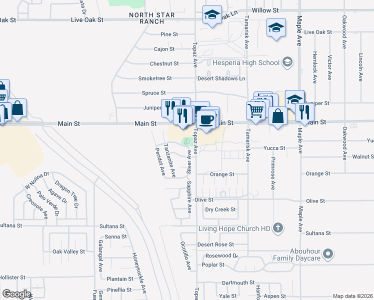 map of restaurants, bars, coffee shops, grocery stores, and more near 14075 Tourmaline Street in Hesperia
