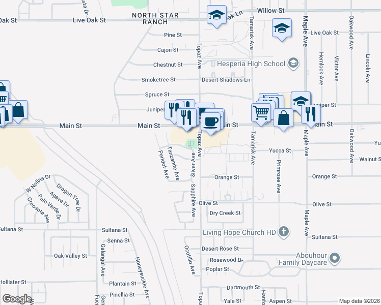 map of restaurants, bars, coffee shops, grocery stores, and more near 14075 Tourmaline Street in Hesperia