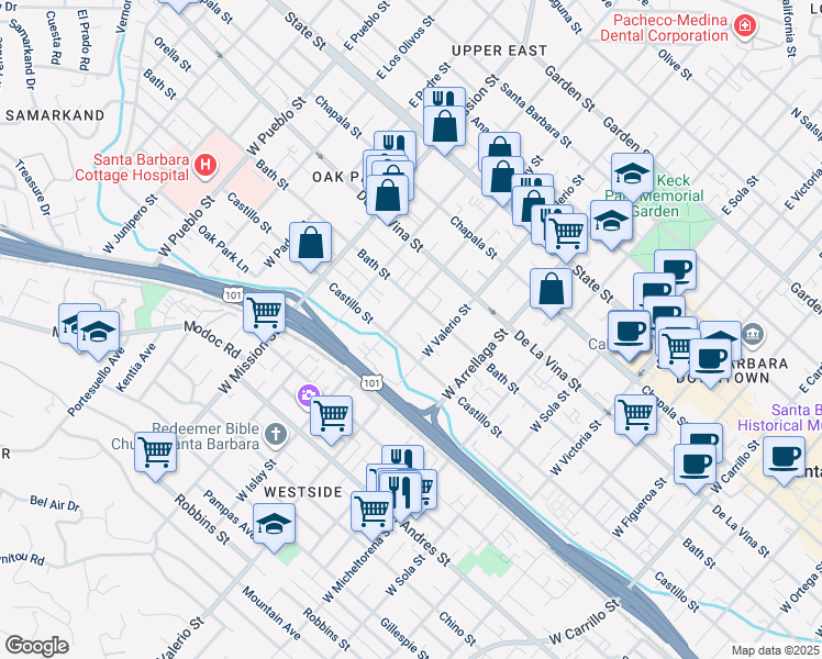 map of restaurants, bars, coffee shops, grocery stores, and more near 325 West Islay Street in Santa Barbara
