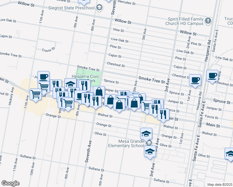 map of restaurants, bars, coffee shops, grocery stores, and more near 16043 Juniper Street in Hesperia