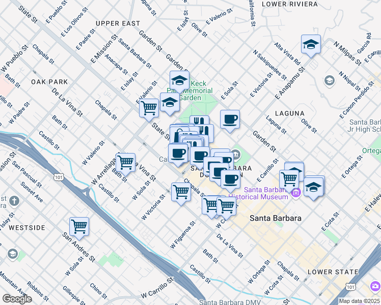 map of restaurants, bars, coffee shops, grocery stores, and more near 1316 State Street in Santa Barbara