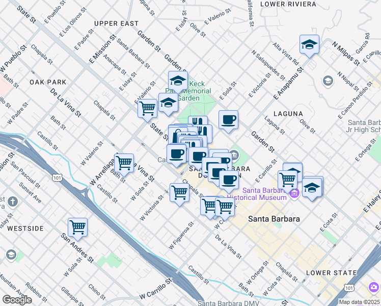 map of restaurants, bars, coffee shops, grocery stores, and more near 1316 State Street in Santa Barbara