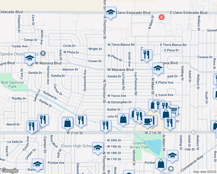 map of restaurants, bars, coffee shops, grocery stores, and more near 616 Prairieview Drive in Clovis