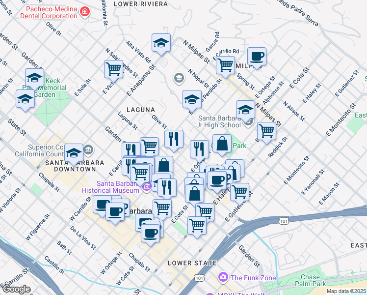 map of restaurants, bars, coffee shops, grocery stores, and more near 801 Olive Street in Santa Barbara
