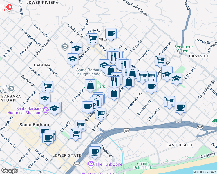 map of restaurants, bars, coffee shops, grocery stores, and more near 706 Bond Avenue in Santa Barbara