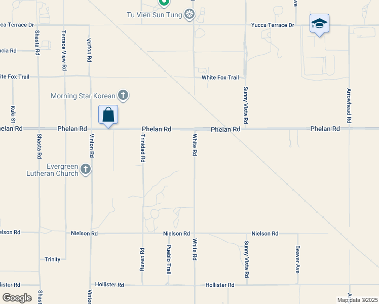 map of restaurants, bars, coffee shops, grocery stores, and more near 9548 White Road in Phelan