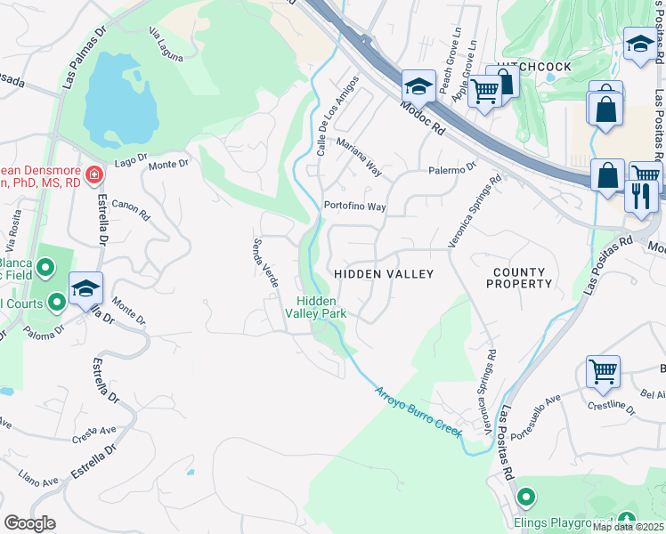 map of restaurants, bars, coffee shops, grocery stores, and more near 3791 Pescadero Drive in Santa Barbara