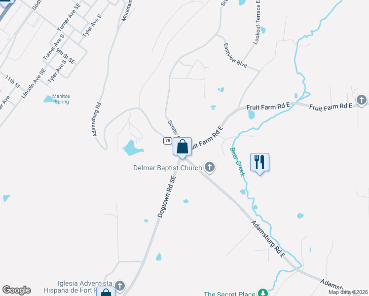 map of restaurants, bars, coffee shops, grocery stores, and more near 101 Scenic Road East in Fort Payne