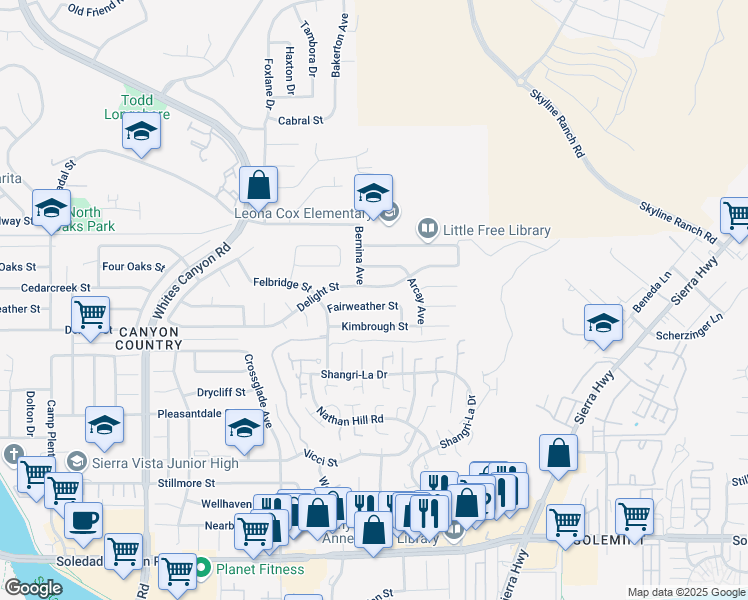 map of restaurants, bars, coffee shops, grocery stores, and more near 18665 Fairweather Street in Santa Clarita