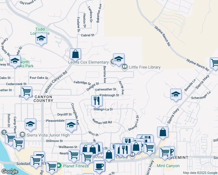 map of restaurants, bars, coffee shops, grocery stores, and more near 18665 Fairweather St in Santa Clarita