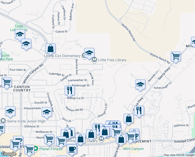 map of restaurants, bars, coffee shops, grocery stores, and more near 18525 Fairweather Street in Santa Clarita