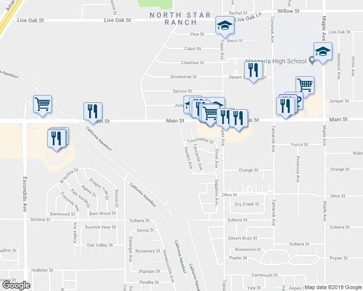 map of restaurants, bars, coffee shops, grocery stores, and more near 9600 Peridot Avenue in Hesperia