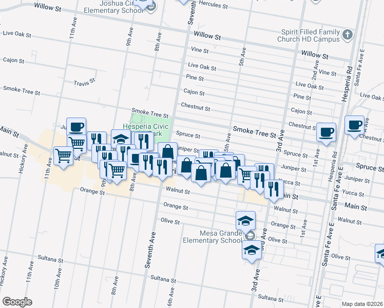 map of restaurants, bars, coffee shops, grocery stores, and more near 16015 Juniper Street in Hesperia