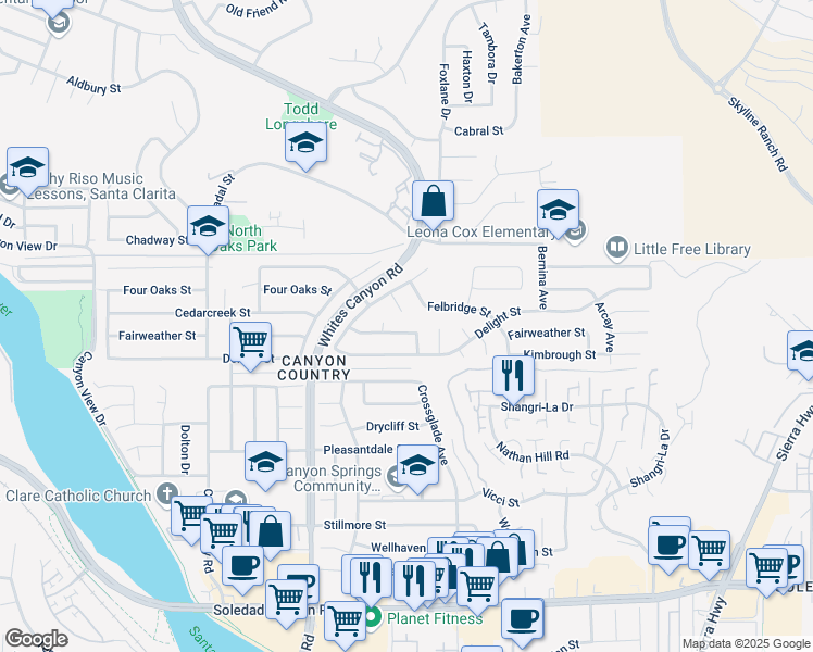 map of restaurants, bars, coffee shops, grocery stores, and more near 19017 Fairweather Street in Santa Clarita