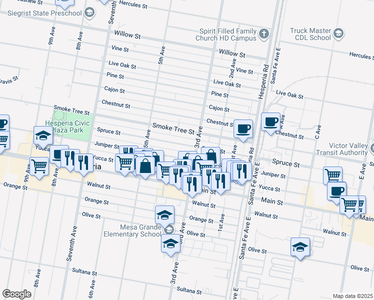map of restaurants, bars, coffee shops, grocery stores, and more near 16281 Spruce Street in Hesperia