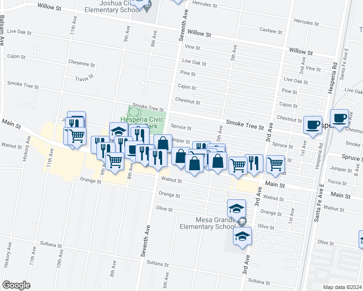 map of restaurants, bars, coffee shops, grocery stores, and more near 16005 Juniper Street in Hesperia