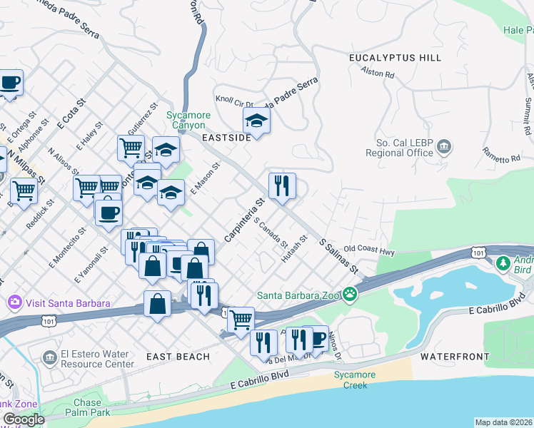 map of restaurants, bars, coffee shops, grocery stores, and more near 1328 Ensenada Avenue in Santa Barbara