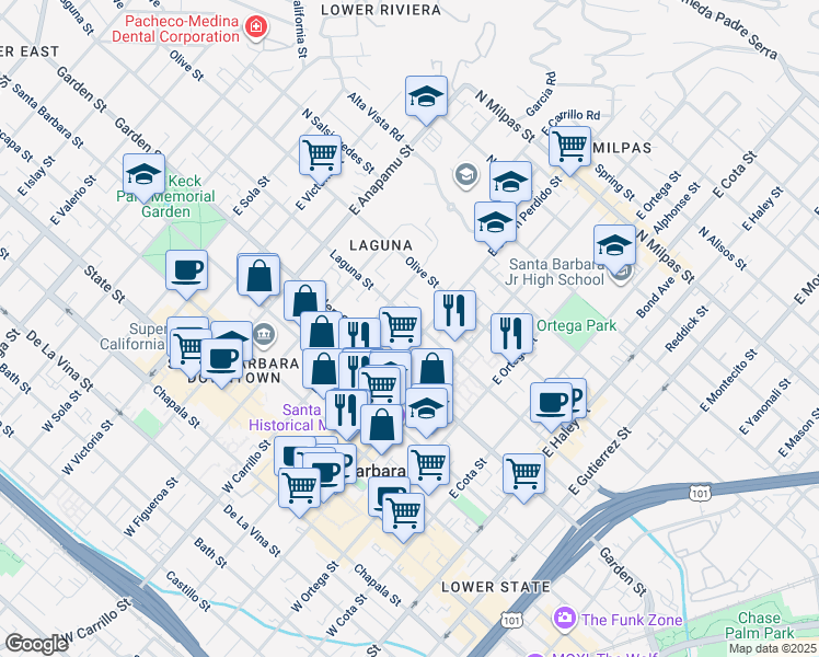 map of restaurants, bars, coffee shops, grocery stores, and more near 924 Laguna Street in Santa Barbara