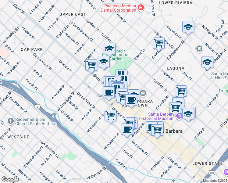 map of restaurants, bars, coffee shops, grocery stores, and more near 1316 State Street in Santa Barbara