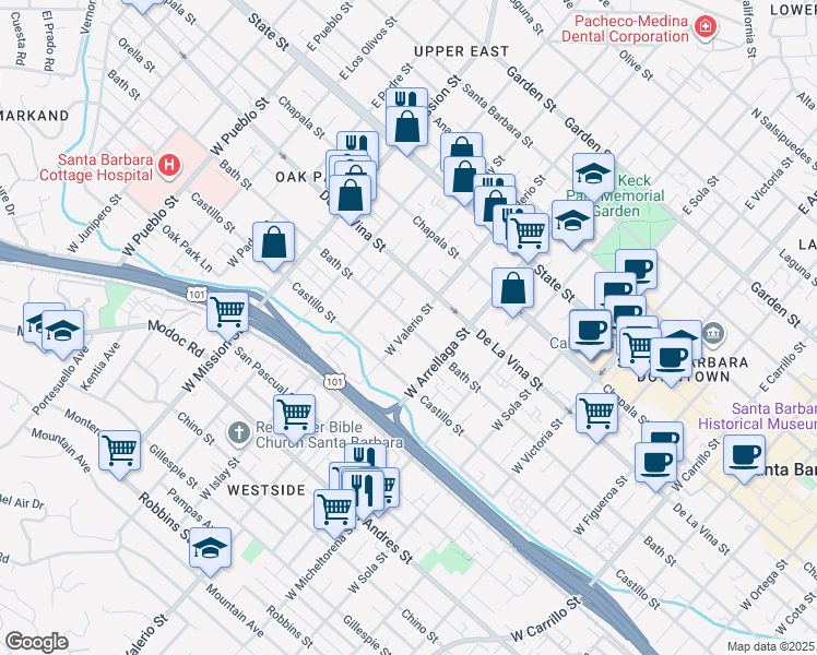 map of restaurants, bars, coffee shops, grocery stores, and more near 1715 Bath Street in Santa Barbara