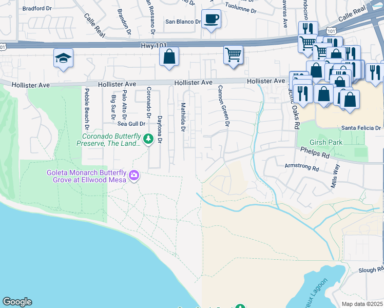 map of restaurants, bars, coffee shops, grocery stores, and more near 401 Ellwood Beach Drive in Goleta