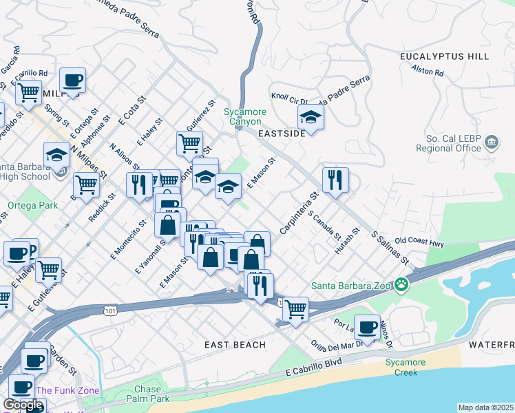 map of restaurants, bars, coffee shops, grocery stores, and more near 7 North Soledad Street in Santa Barbara