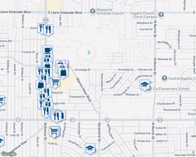 map of restaurants, bars, coffee shops, grocery stores, and more near 1513 Lexington Road in Clovis