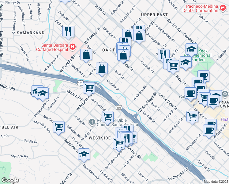 map of restaurants, bars, coffee shops, grocery stores, and more near 407 West Pedregosa Street in Santa Barbara