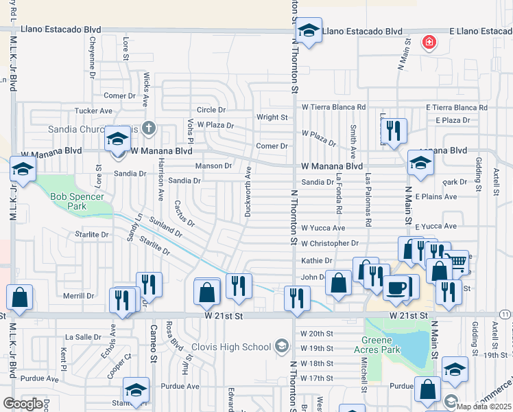 map of restaurants, bars, coffee shops, grocery stores, and more near 912 Prairieview Dr in Clovis