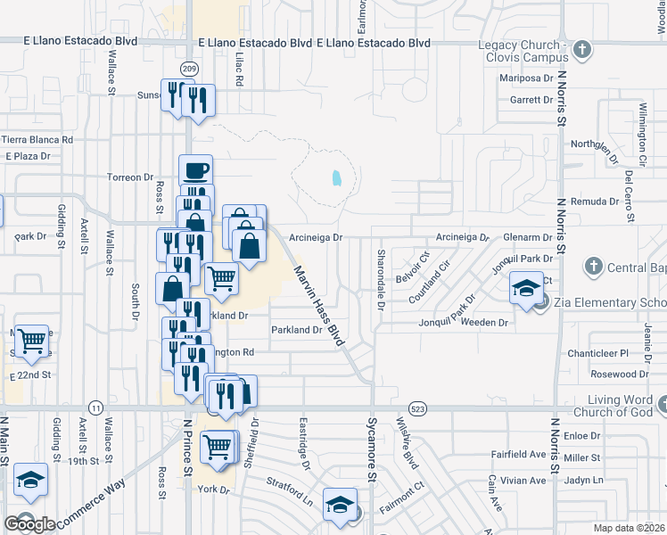 map of restaurants, bars, coffee shops, grocery stores, and more near 1312 Concord Rd in Clovis