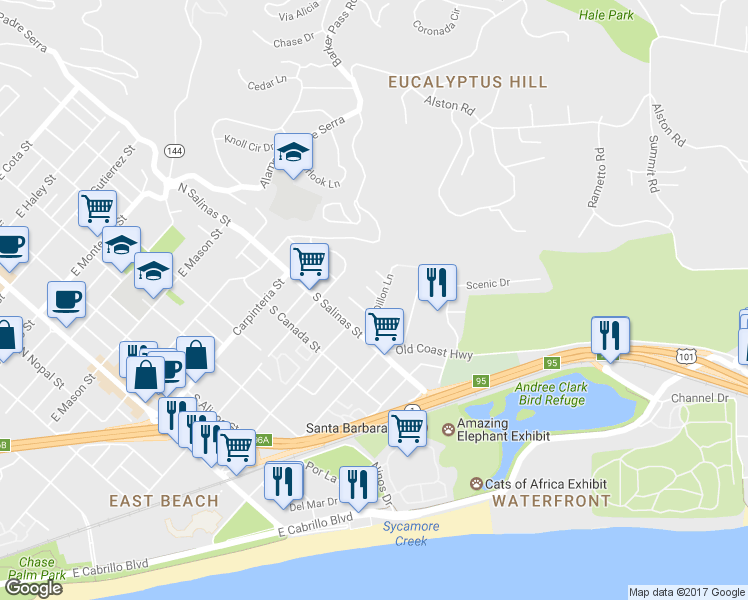 map of restaurants, bars, coffee shops, grocery stores, and more near 240 Lou Dillon Court in Santa Barbara