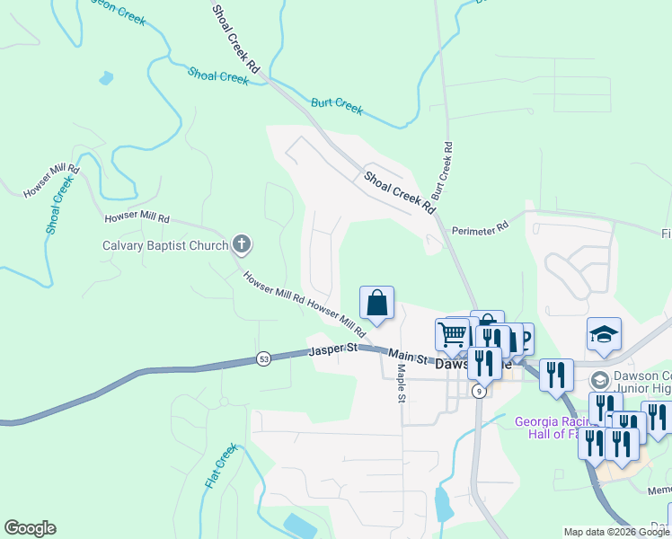 map of restaurants, bars, coffee shops, grocery stores, and more near 110 Mill Stone Drive in Dawsonville