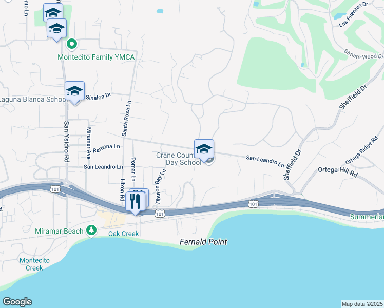 map of restaurants, bars, coffee shops, grocery stores, and more near 1769 San Leandro Lane in Montecito