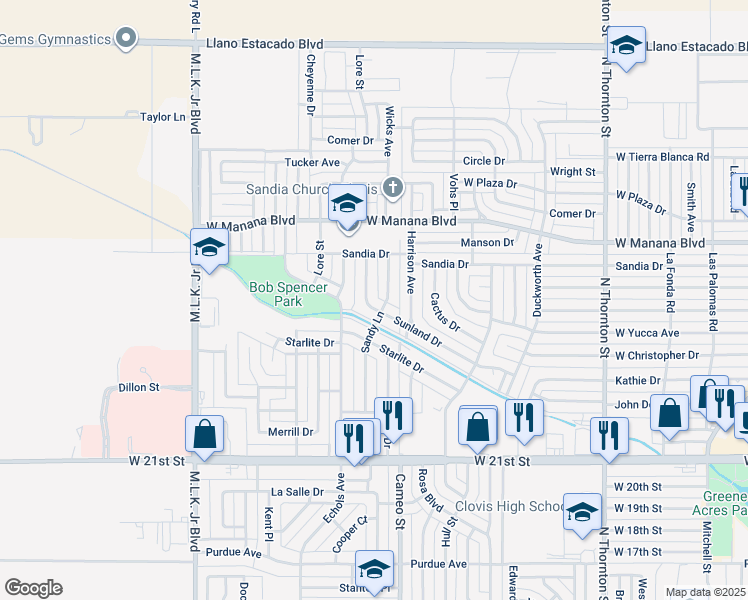 map of restaurants, bars, coffee shops, grocery stores, and more near 504 Sunland Dr in Clovis