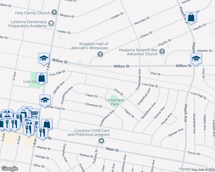 map of restaurants, bars, coffee shops, grocery stores, and more near 17904 Pine Street in Hesperia