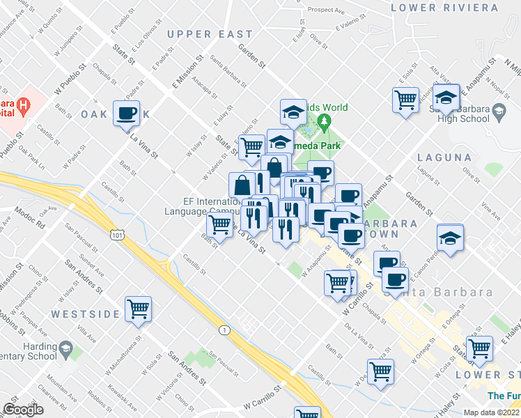 map of restaurants, bars, coffee shops, grocery stores, and more near 1430 Chapala Street in Santa Barbara