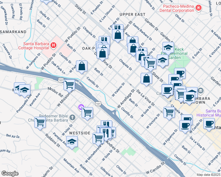 map of restaurants, bars, coffee shops, grocery stores, and more near 1715 Bath Street in Santa Barbara