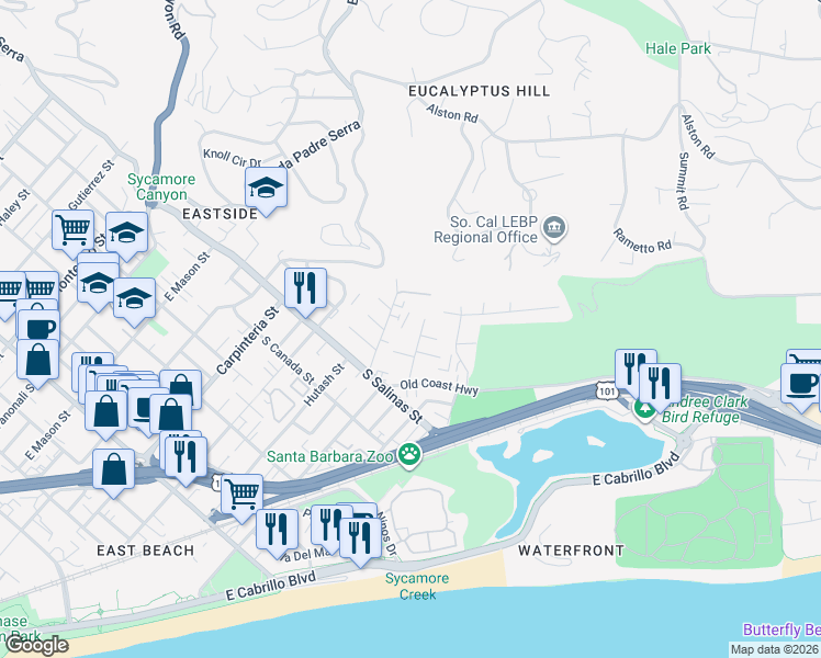 map of restaurants, bars, coffee shops, grocery stores, and more near 47 Ocean View Avenue in Santa Barbara