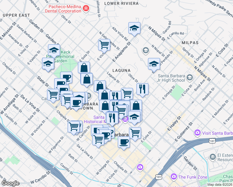 map of restaurants, bars, coffee shops, grocery stores, and more near 305 East Carrillo Street in Santa Barbara