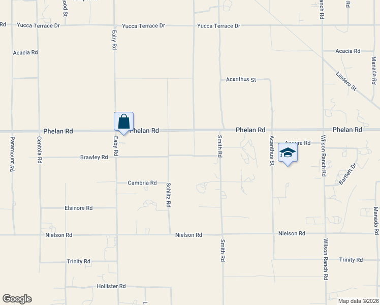 map of restaurants, bars, coffee shops, grocery stores, and more near 5970 Brawley Road in Phelan