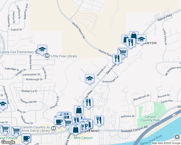 map of restaurants, bars, coffee shops, grocery stores, and more near 18009 Beneda Lane in Santa Clarita