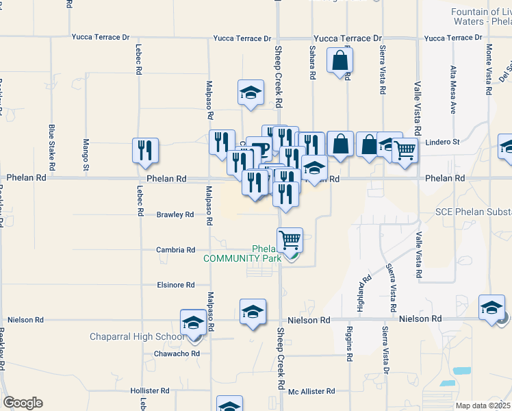 map of restaurants, bars, coffee shops, grocery stores, and more near 4037 Phelan Road in Phelan