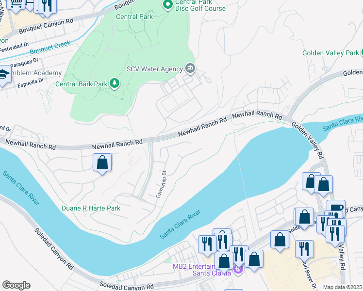 map of restaurants, bars, coffee shops, grocery stores, and more near 22372 Driftwood Court in Santa Clarita