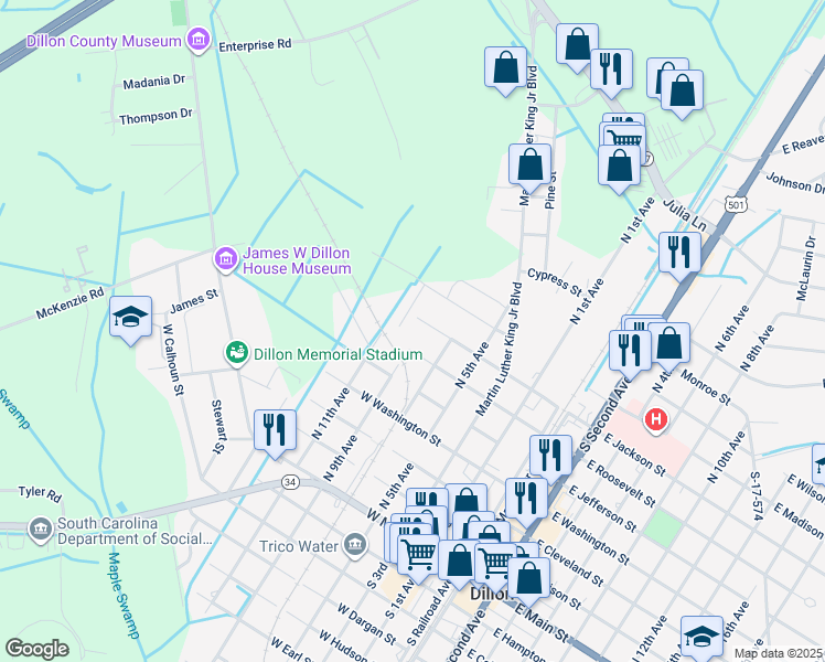 map of restaurants, bars, coffee shops, grocery stores, and more near 609 North 9th Avenue in Dillon