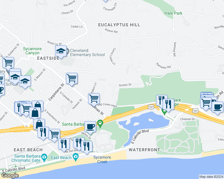 map of restaurants, bars, coffee shops, grocery stores, and more near 1455 Harbor View Drive in Santa Barbara