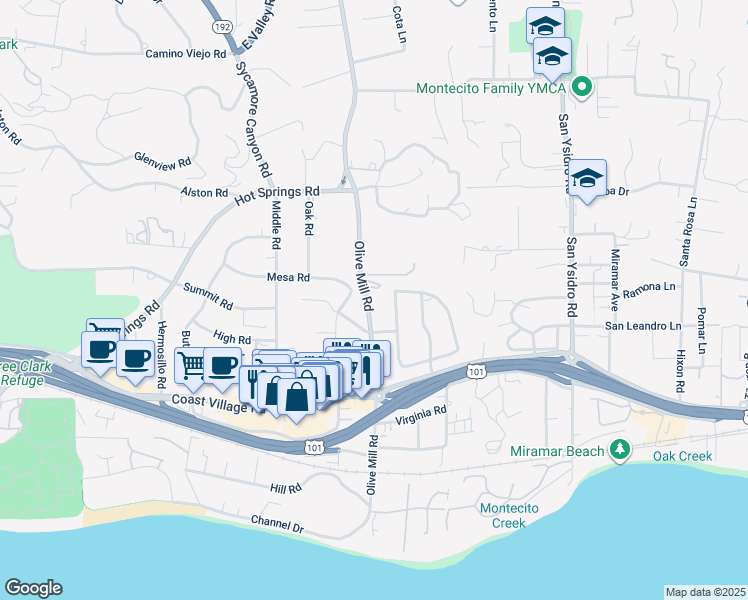 map of restaurants, bars, coffee shops, grocery stores, and more near 180 Olive Mill Road in Montecito