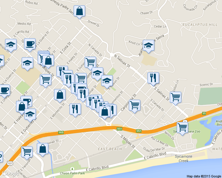 map of restaurants, bars, coffee shops, grocery stores, and more near 1120 East Mason Street in Santa Barbara