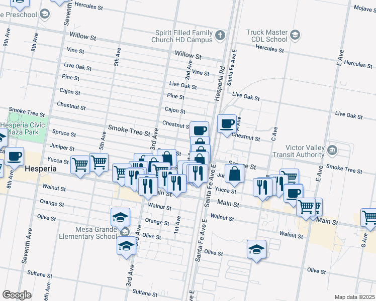 map of restaurants, bars, coffee shops, grocery stores, and more near 9550 1st Avenue in Hesperia
