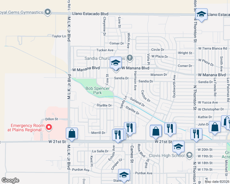 map of restaurants, bars, coffee shops, grocery stores, and more near 2405 Echols Avenue in Clovis