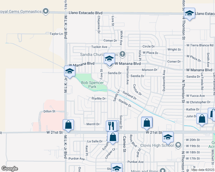 map of restaurants, bars, coffee shops, grocery stores, and more near 2405 Echols Avenue in Clovis